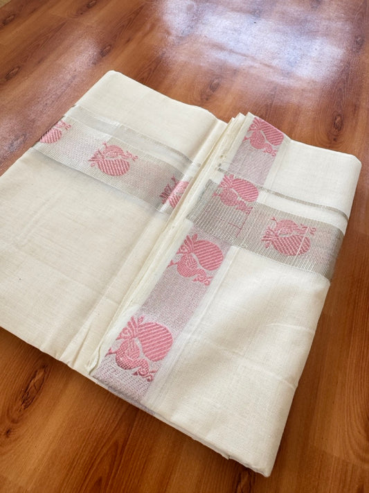 25% Discount ! Kaitharikada Handloom Unakkupaav - Kerala Handloom - 100% Pure Cotton Off White - (Unbleached) Double Mund/Dhoti - 100x80 - 1.75 inch Silver & Rose Pink Kasav Peacock Jacquard Design Kara 4 mtr (8.5 Muzham) - 38 KK5384 ABH