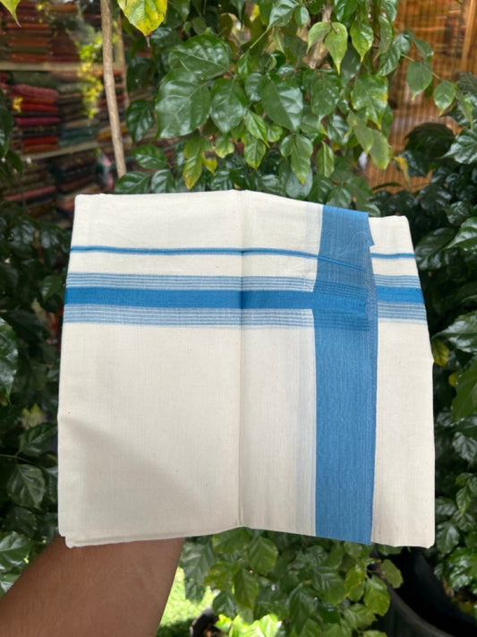 20% DISCOUNT! KaithariKada Balaramapuram Double OFF WHITE Mundu/Dhoti - 100x80 - 1.5 Inch Blue Shaded striped Kara - 19 KK5285 VAS