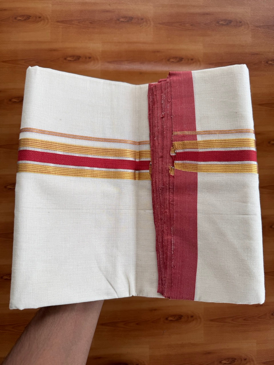 Double Off White (Unbleached) Mundu/Dhoti  25% Discount!! KaithariKada Handloom Millpaav - Kerala Handloom - 100% Pure Cotton - 80x90 - 1.5 Inch Gold Silver Kasav & Peach Red Striped Kara 4 mtr (8.5 Muzham) - 20 KK5508 RAM