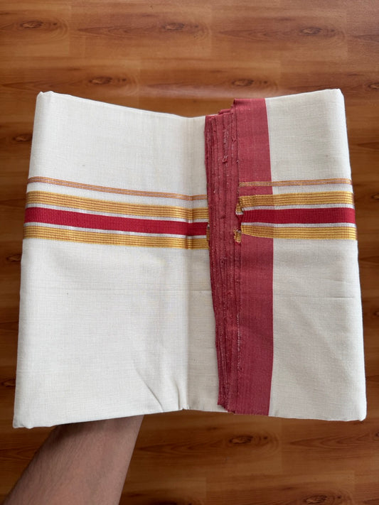 Double Off White (Unbleached) Mundu/Dhoti  25% Discount!! KaithariKada Handloom Millpaav - Kerala Handloom - 100% Pure Cotton - 80x90 - 1.5 Inch Gold Silver Kasav & Peach Red Striped Kara 4 mtr (8.5 Muzham) - 20 KK5508 RAM
