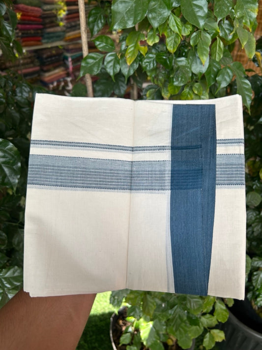 20% DISCOUNT! KaithariKada Balaramapuram Double OFF WHITE Mundu/Dhoti - 100x80 - 1.5 Inch Peacock Blue Shaded striped Kara - 18 KK5285 VAS