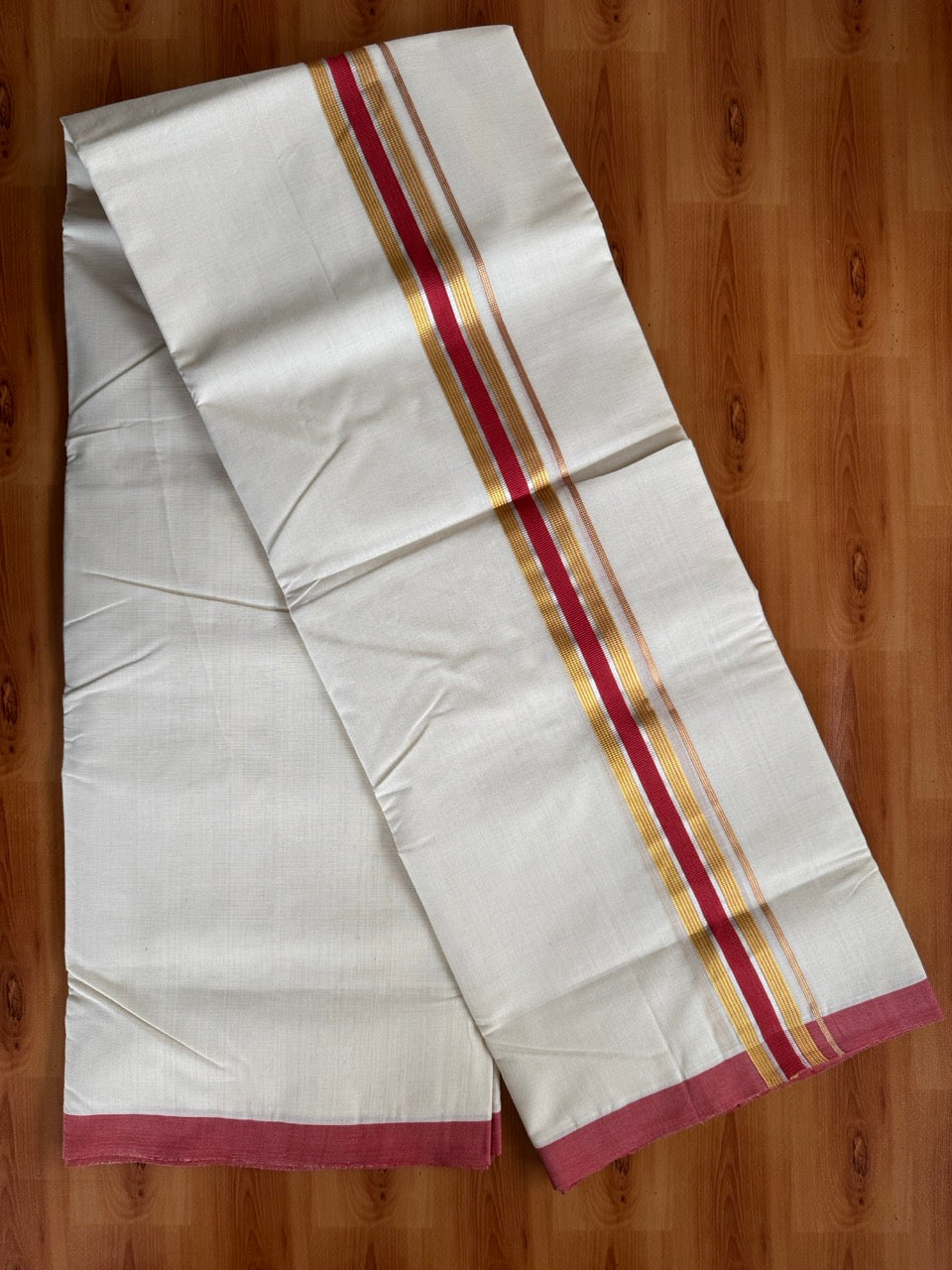 Double Off White (Unbleached) Mundu/Dhoti  25% Discount!! KaithariKada Handloom Millpaav - Kerala Handloom - 100% Pure Cotton - 80x90 - 1.5 Inch Gold Silver Kasav & Peach Red Striped Kara 4 mtr (8.5 Muzham) - 20 KK5508 RAM