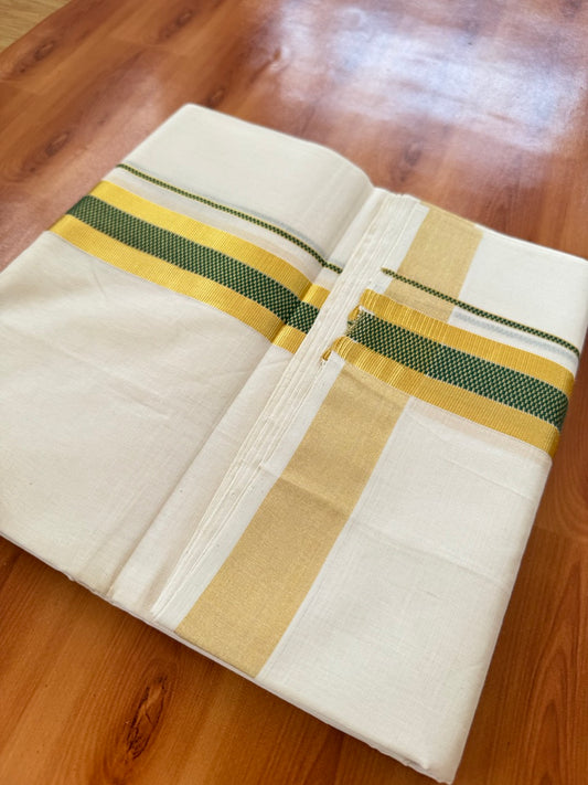 25% Discount ! Kaitharikada Handloom Unakkupaav - Kerala Handloom - 100% Pure Cotton Off White - (Unbleached) Double Mund/Dhoti - 100x80 - 1.75 inch Gold Kasav & Green Jacquard Design Kara 4 mtr (8.5 Muzham) - 30 KK5384 ABH