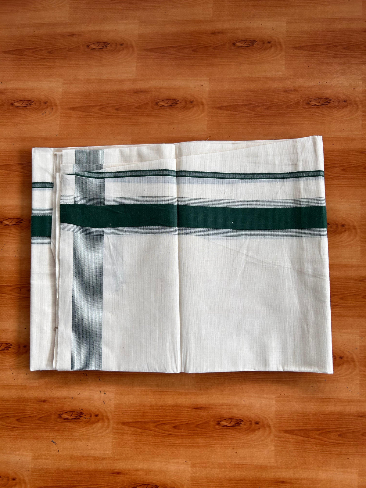 Double Off White (Unbleached) Mundu/Dhoti - 20% Discount! Kaitharikada Pulimood Pure Cotton - 100x80 - 1.5 Inch Dark Green Striped Kara 4 mtr (8.5 muzham) - 20 KK5541 PMC