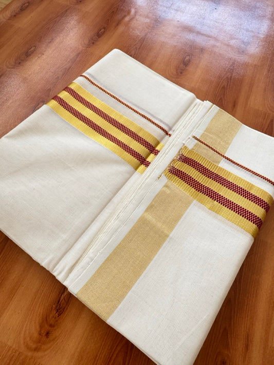 25% Discount ! Kaitharikada Handloom Unakkupaav - Kerala Handloom - 100% Pure Cotton Off White - (Unbleached) Double Mund/Dhoti - 100x80 - 1.75 inch Gold Kasav & Maroon Jacquard Design Kara 4 mtr (8.5 Muzham) - 32 KK5384 ABH