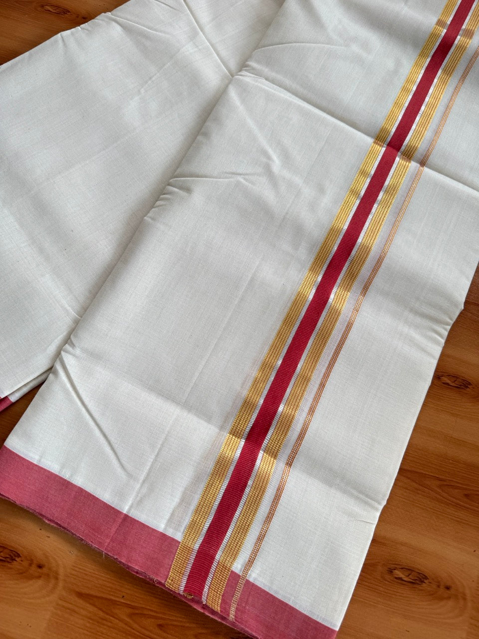 Double Off White (Unbleached) Mundu/Dhoti  25% Discount!! KaithariKada Handloom Millpaav - Kerala Handloom - 100% Pure Cotton - 80x90 - 1.5 Inch Gold Silver Kasav & Peach Red Striped Kara 4 mtr (8.5 Muzham) - 20 KK5508 RAM