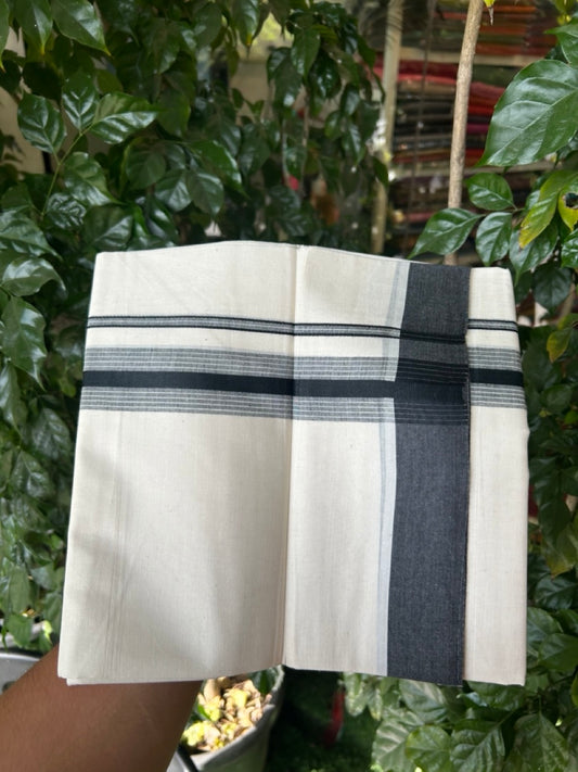 20% DISCOUNT! KaithariKada Balaramapuram Double OFF WHITE Mundu/Dhoti - 100x80 - 1.5 Inch Black Shaded striped Kara - 17 KK5285 VAS