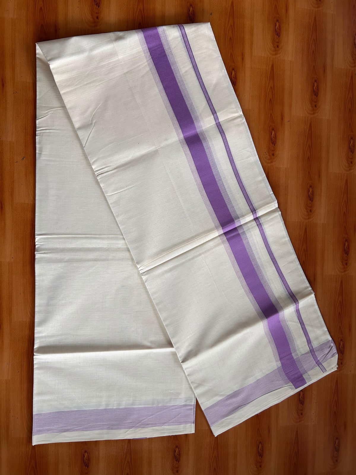 Double Off White (Unbleached) Mundu/Dhoti - 20% Discount! Kaitharikada Pulimood Pure Cotton - 100x80 - 1.75 Inch Orchid Violet Striped Kara 4 mtr (8.5 muzham) - 21 KK5541 PMC