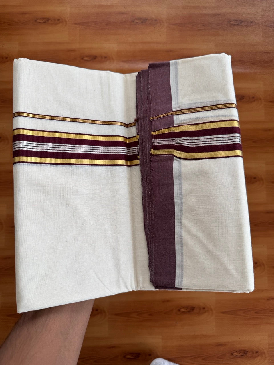 Double Off White (Unbleached) Mundu/Dhoti  25% Discount!! KaithariKada Handloom Millpaav - Kerala Handloom - 100% Pure Cotton - 80x90 - 1.5 Inch Gold Silver Kasav & Dark Maroon Striped Kara 4 mtr (8.5 Muzham) - 16 KK5508 RAM