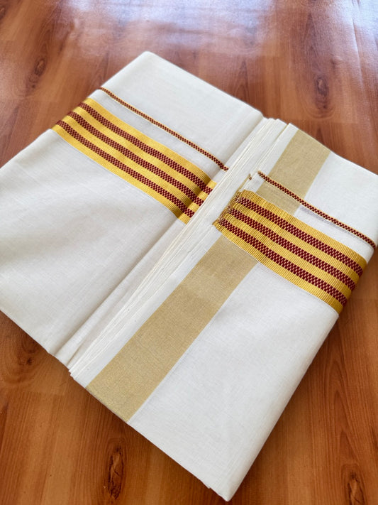 25% Discount ! Kaitharikada Handloom Unakkupaav - Kerala Handloom - 100% Pure Cotton Off White - (Unbleached) Double Mund/Dhoti - 100x80 - 1.75 inch Gold Kasav & Maroon Jacquard Design Kara 4 mtr (8.5 Muzham) - 33 KK5384 ABH
