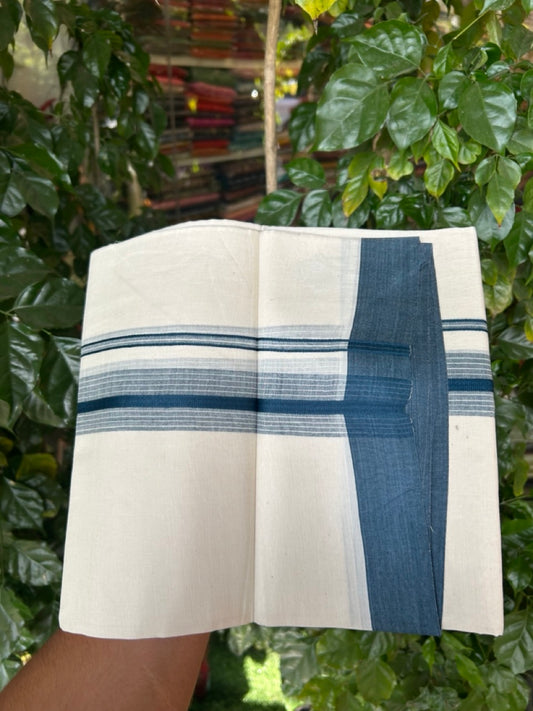 20% DISCOUNT! KaithariKada Balaramapuram Double OFF WHITE Mundu/Dhoti - 100x80 - 1.5 Inch Peacock Blue Shaded striped Kara - 15 KK5285 VAS