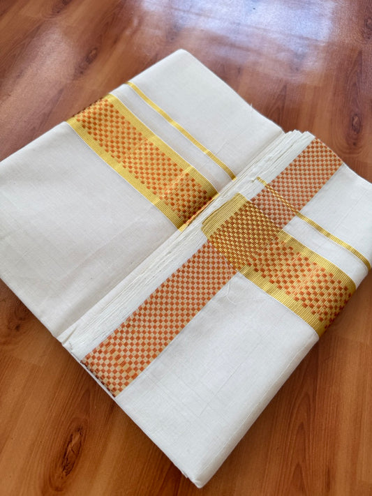 25% Discount ! Kaitharikada Handloom Unakkupaav - Kerala Handloom - 100% Pure Cotton Off White - (Unbleached) Double Mund/Dhoti - 100x80 - 2 inch Gold & Copper Kasav Jacquard Design Kara 4 mtr (8.5 Muzham) - 34 KK5384 ABH