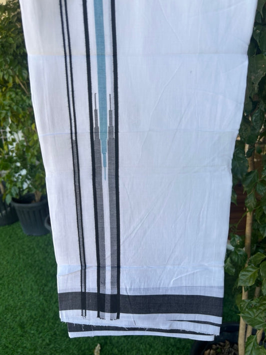 25% DISCOUNT! KaithariKada Balaramapuram 100% Mercerised Cotton Double ULTRA PURE white Mundu/Dhoti - 120x120 - 1.25 inch Heavy Chutty Black & Light Blue Shaded Kara - 8KK5139THI