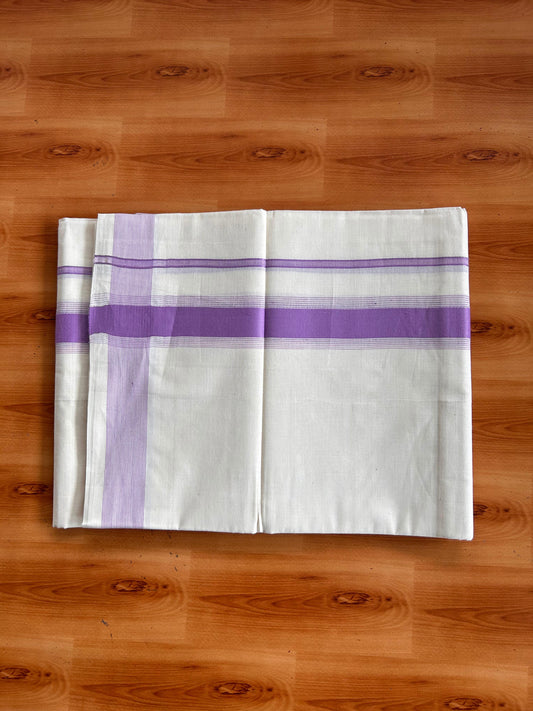 Double Off White (Unbleached) Mundu/Dhoti - 20% Discount! Kaitharikada Pulimood Pure Cotton - 100x80 - 1.75 Inch Orchid Violet Striped Kara 4 mtr (8.5 muzham) - 21 KK5541 PMC