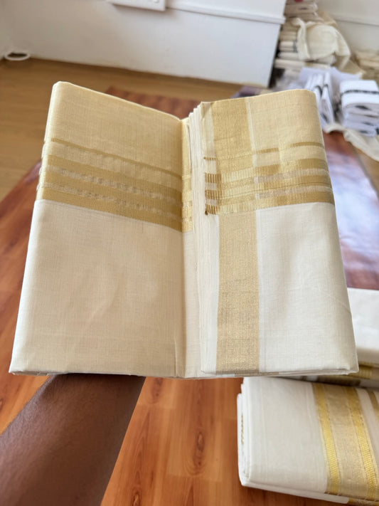 25% Discount ! KaithariKada Handloom Unakkupaav Kerala Handloom - 100% Pure Cotton Off White (Unbleached) Double Mundu/Dhoti - 100x80 - 7 Inch Gold Kasav Half Tissue Kara 4 mtr (8.5 muzham) - 21 KK5384 ABH
