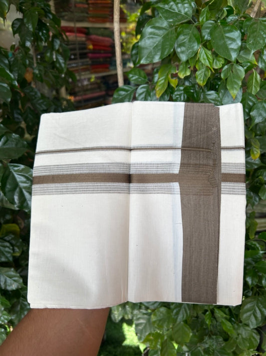20% DISCOUNT! KaithariKada Balaramapuram Double OFF WHITE Mundu/Dhoti - 100x80 - 1.5 Inch Dark Olive Green Shaded striped Kara - 14 KK5285 VAS