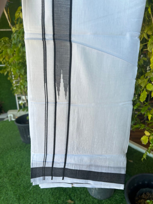 25% DISCOUNT! KaithariKada Balaramapuram 100% Mercerised Cotton Double ULTRA PURE white Mundu/Dhoti - 120x120 - 1.25 inch Heavy Chutty Black Shaded Kara - 7KK5139THI