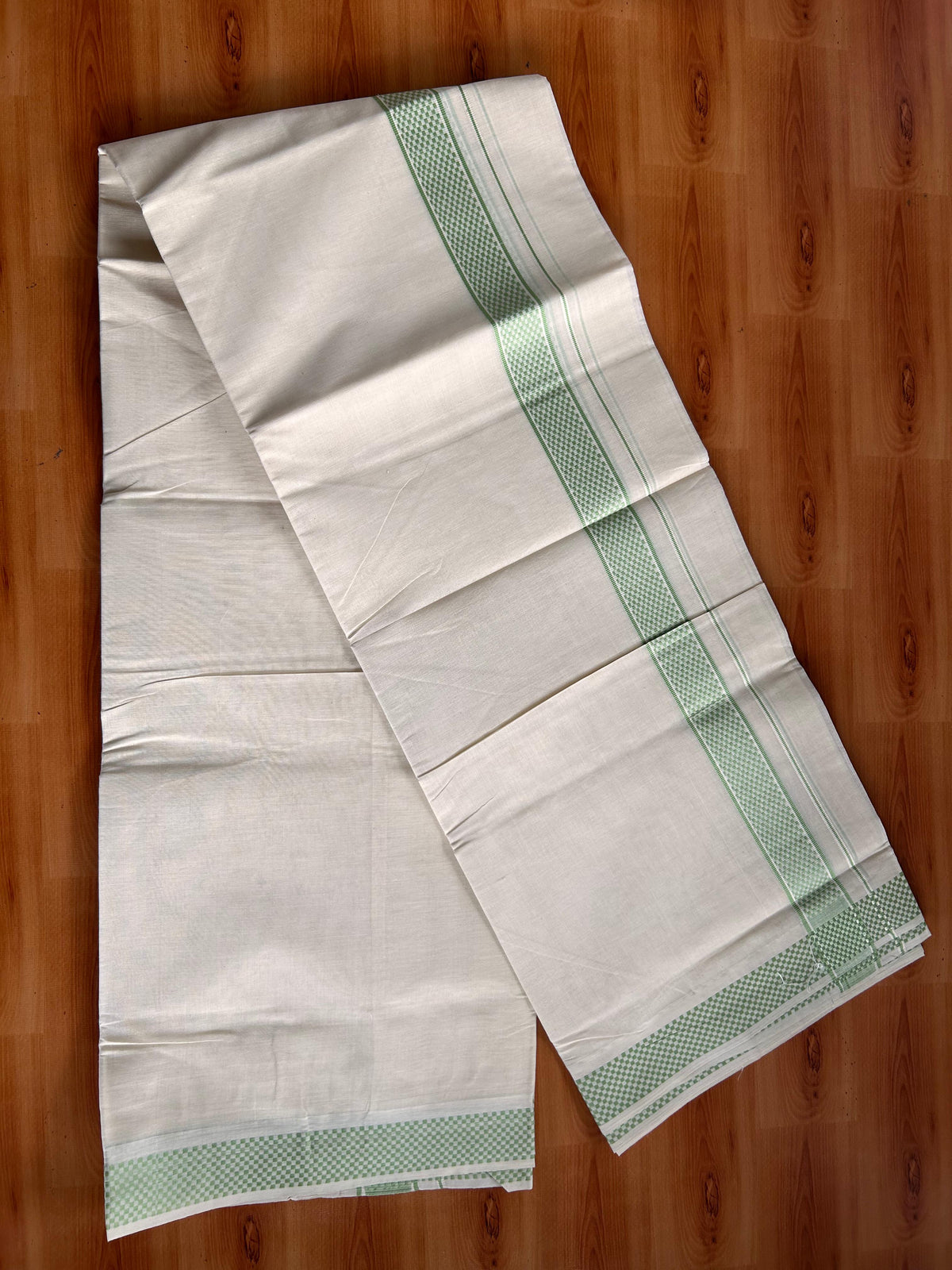 Double Off White (Unbleached) Mundu/Dhoti - 20% Discount! Kaitharikada Pulimood Pure Cotton - 100x80 - 1.29 Inch Light Green Design Kara 4 mtr (8.5 muzham) - 22 KK5541 PMC