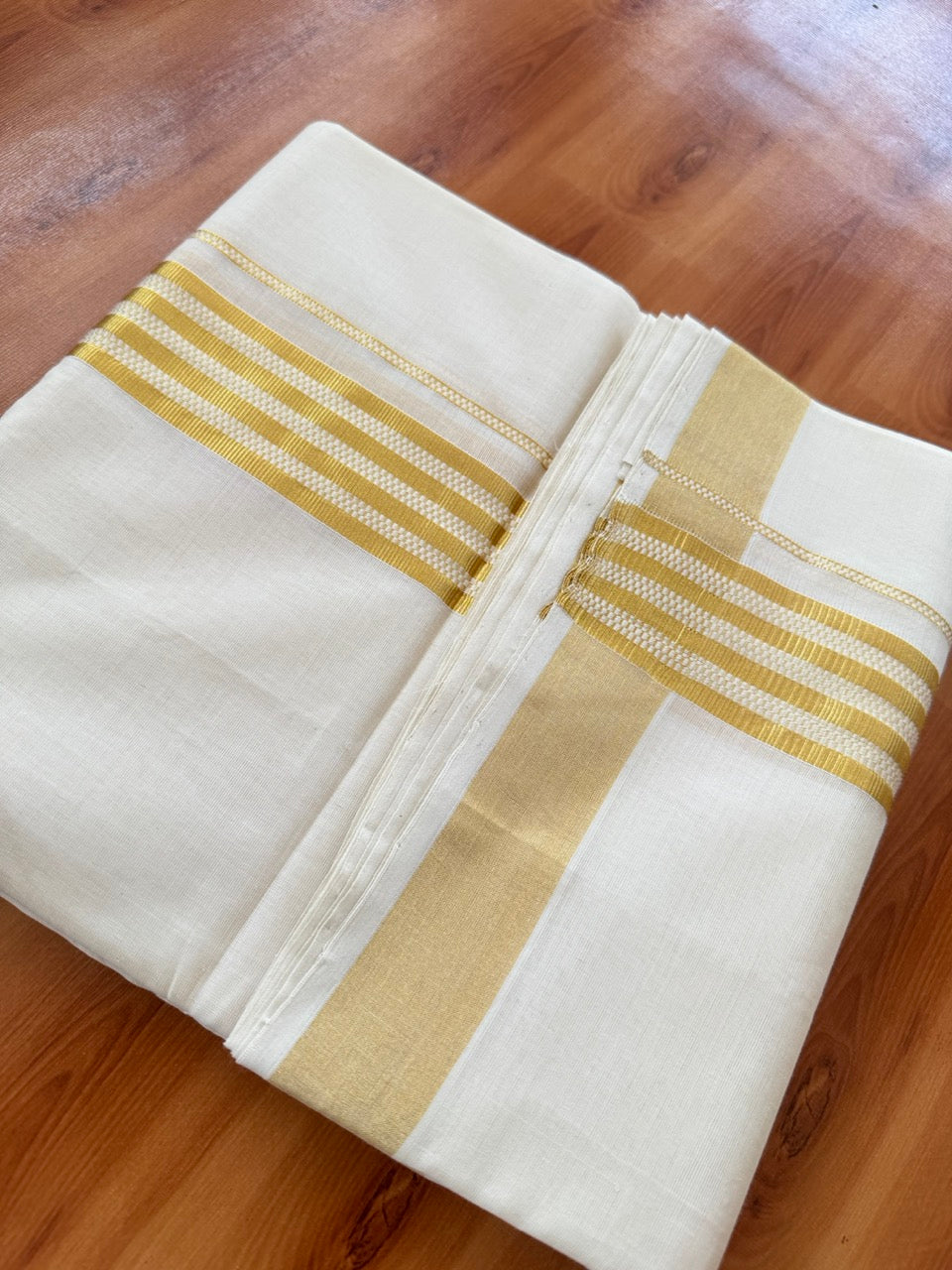 25% Discount ! KaithariKada Handloom Unakkupaav Kerala Handloom - 100% Pure Cotton Off White (Unbleached) Double Mundu/Dhoti - 100x80 - 1.75 Inch Gold Kasav Striped Design Kara 4 mtr (8.5 muzham) - 22 KK5384 ABH