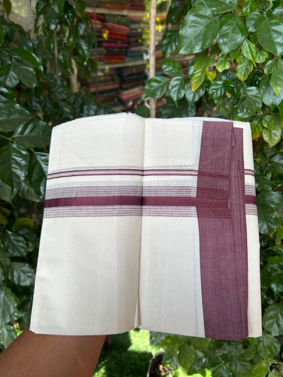 20% DISCOUNT! KaithariKada Balaramapuram Double OFF WHITE Mundu/Dhoti - 100x80 - 1.25 Inch Dark Wine Shaded striped Kara - 13 KK5285 VAS