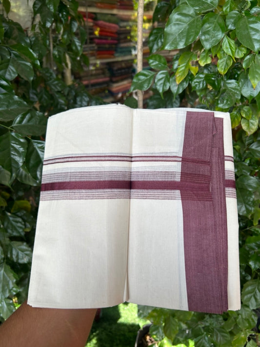 20% DISCOUNT! KaithariKada Balaramapuram Double OFF WHITE Mundu/Dhoti - 100x80 - 1.25 Inch Dark Wine Shaded striped Kara - 13 KK5285 VAS