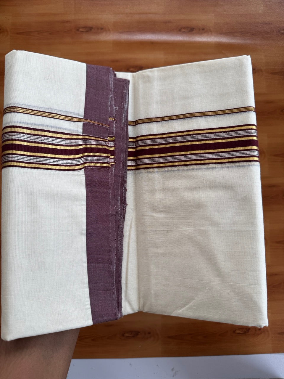 Double Off White (Unbleached) Mundu/Dhoti  25% Discount!! KaithariKada Handloom Millpaav - Kerala Handloom - 100% Pure Cotton - 80x90 - 1.25 Inch Gold Silver Kasav & Dark Maroon Striped Kara 4 mtr (8.5 Muzham) - 15 KK5508 RAM