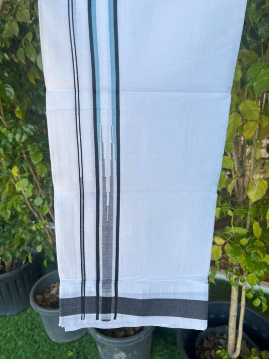 25% DISCOUNT! KaithariKada Balaramapuram 100% Mercerised Cotton Double ULTRA PURE white Mundu/Dhoti - 120x120 - 1 inch Heavy Chutty Black & Light Blue Green Shaded Kara -13KK5139THI