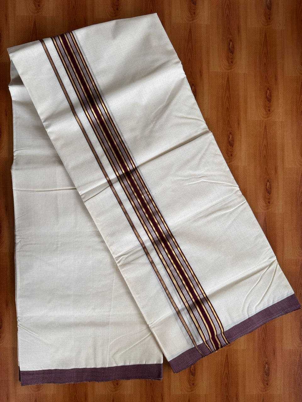 Double Off White (Unbleached) Mundu/Dhoti  25% Discount!! KaithariKada Handloom Millpaav - Kerala Handloom - 100% Pure Cotton - 80x90 - 1.25 Inch Gold Silver Kasav & Dark Maroon Striped Kara 4 mtr (8.5 Muzham) - 15 KK5508 RAM