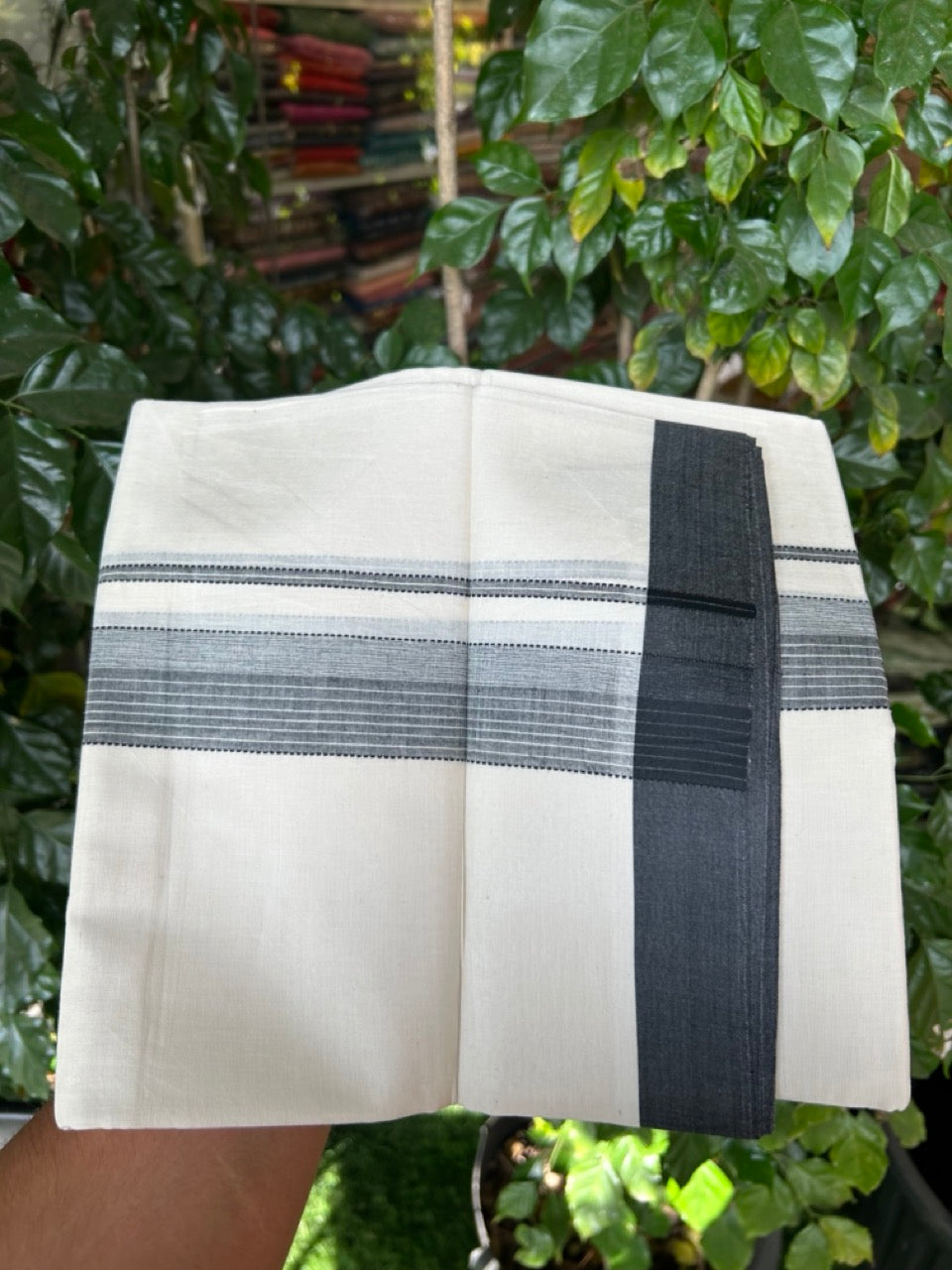20% DISCOUNT! KaithariKada Balaramapuram Double OFF WHITE Mundu/Dhoti - 100x80 - 1.5 Inch Black Shaded striped Kara - 12 KK5285 VAS