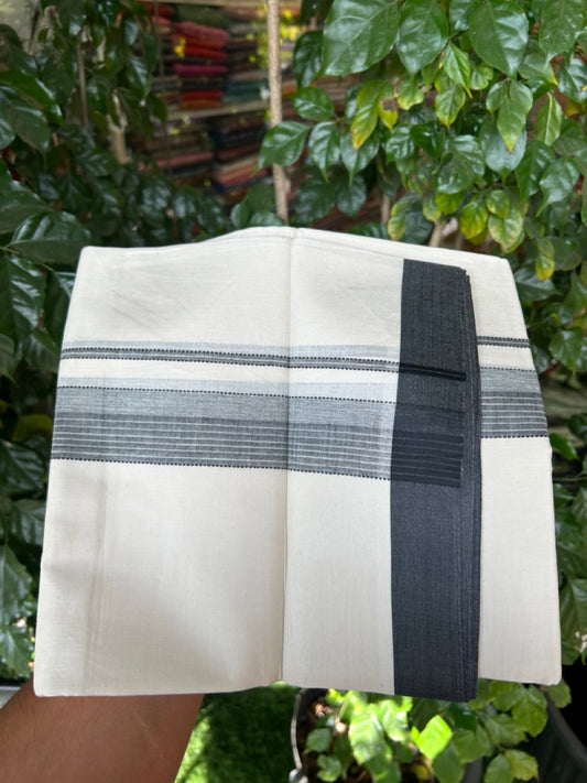 20% DISCOUNT! KaithariKada Balaramapuram Double OFF WHITE Mundu/Dhoti - 100x80 - 1.5 Inch Black Shaded striped Kara - 12 KK5285 VAS