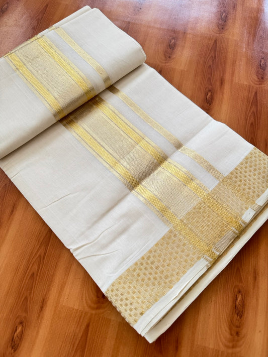 25% Discount ! KaithariKada Handloom Unakkupaav Kerala Handloom - 100% Pure Cotton Off White (Unbleached) Double Mundu/Dhoti - 100x80 - 2.5 Inch Light Gold Kasav Striped Jacquard Design Kara 4 mtr (8.5 muzham) - 24 KK5384 ABH