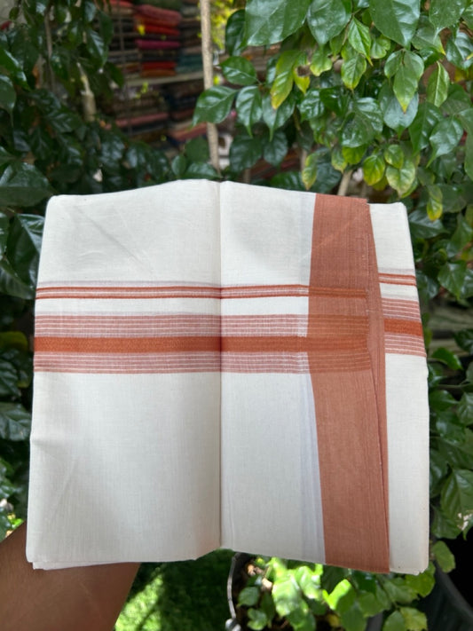 20% DISCOUNT! KaithariKada Balaramapuram Double OFF WHITE Mundu/Dhoti - 100x80 - 1.5 Inch Brick Orange striped Kara - 11 KK5285 VAS