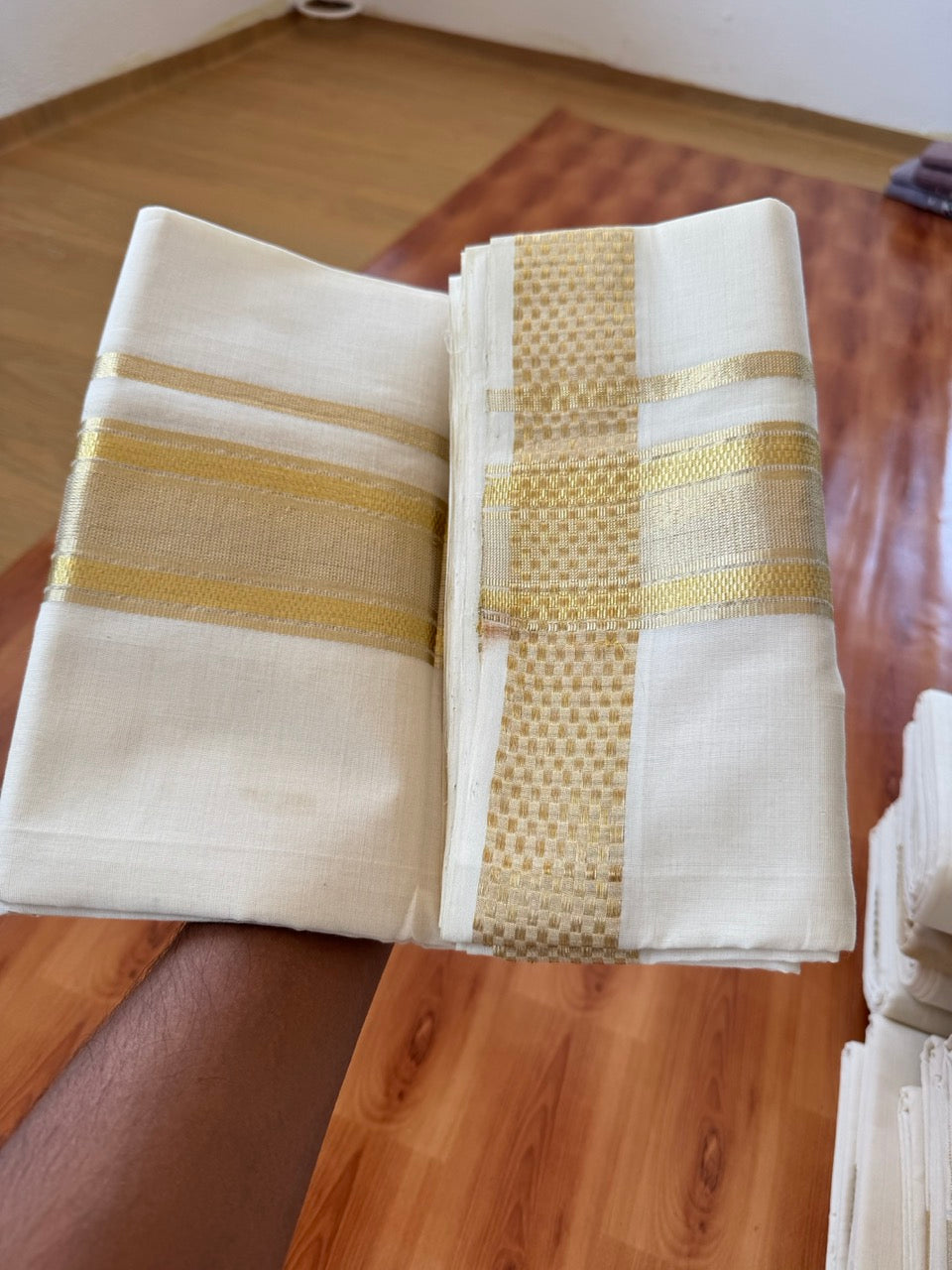 25% Discount ! KaithariKada Handloom Unakkupaav Kerala Handloom - 100% Pure Cotton Off White (Unbleached) Double Mundu/Dhoti - 100x80 - 2.5 Inch Light Gold Kasav Striped Jacquard Design Kara 4 mtr (8.5 muzham) - 24 KK5384 ABH