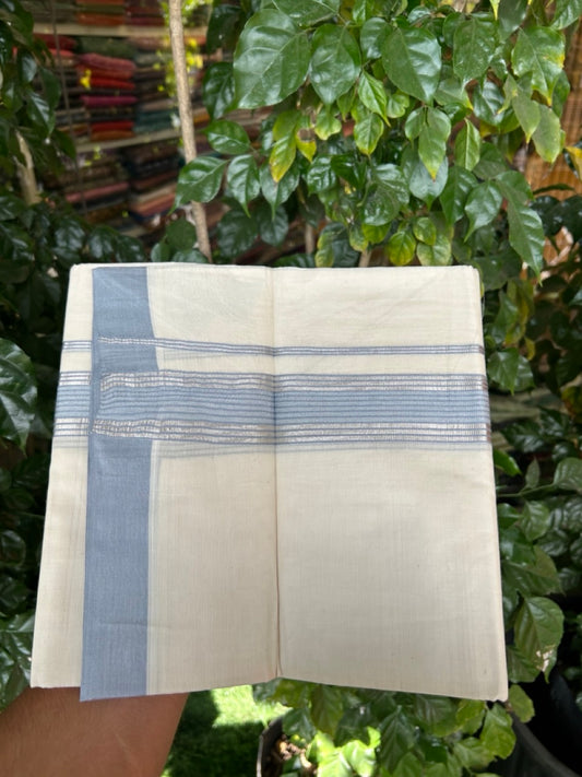 20% DISCOUNT! KaithariKada Balaramapuram Double OFF WHITE Mundu/Dhoti - 80x80 - 1.5 Inch Silver Kasav & Lavender Blue striped Kara - 9 KK5285 VAS
