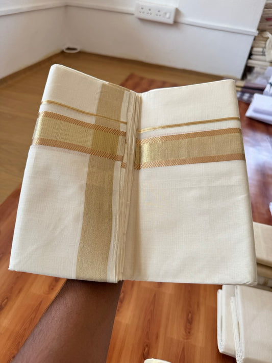 25% Discount ! Kaitharikada Handloom Unakkupaav - Kerala Handloom - 100% Pure Cotton Off White - (Unbleached) Double Mund/Dhoti - 100x80 - 1.75 inch Light Gold & Copper Kasav Jacquard Design Kara 4 mtr (8.5 Muzham) - 35 KK5384 ABH
