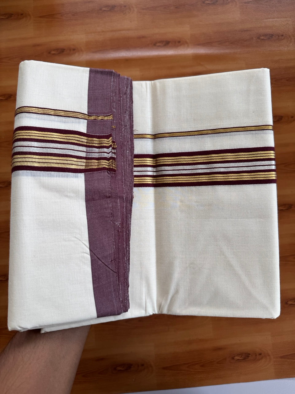 Double Off White (Unbleached) Mundu/Dhoti  25% Discount!! KaithariKada Handloom Millpaav - Kerala Handloom - 100% Pure Cotton - 80x90 - 1.75 Inch Gold Silver Kasav & Dark Maroon Striped Kara 4 mtr (8.5 Muzham) - 14 KK5508 RAM