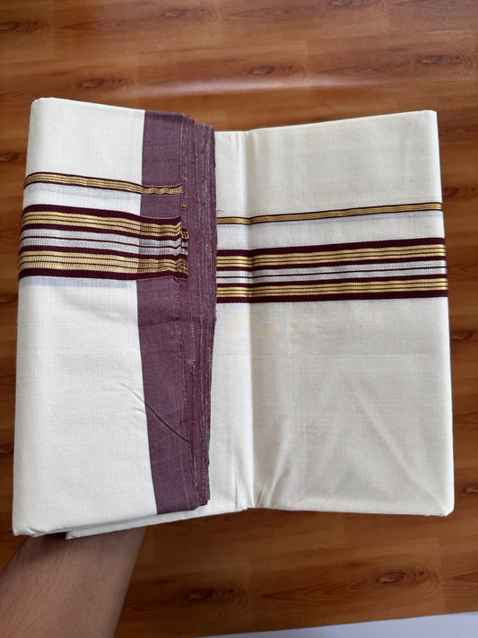 Double Off White (Unbleached) Mundu/Dhoti  25% Discount!! KaithariKada Handloom Millpaav - Kerala Handloom - 100% Pure Cotton - 80x90 - 1.75 Inch Gold Silver Kasav & Dark Maroon Striped Kara 4 mtr (8.5 Muzham) - 14 KK5508 RAM
