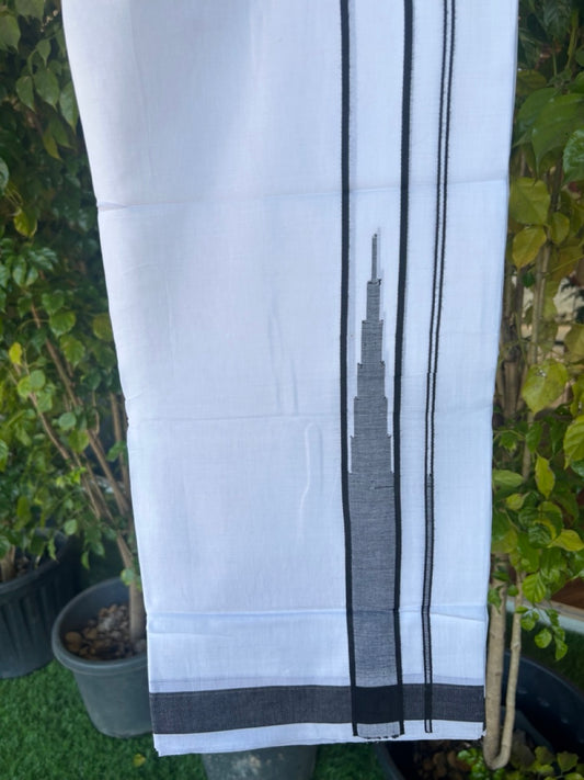 25% DISCOUNT! KaithariKada Balaramapuram 100% Mercerised Cotton Double ULTRA PURE white Mundu/Dhoti - 120x120 - 1.5 inch Heavy Chutty Black Shaded Kara - 14KK5139THI