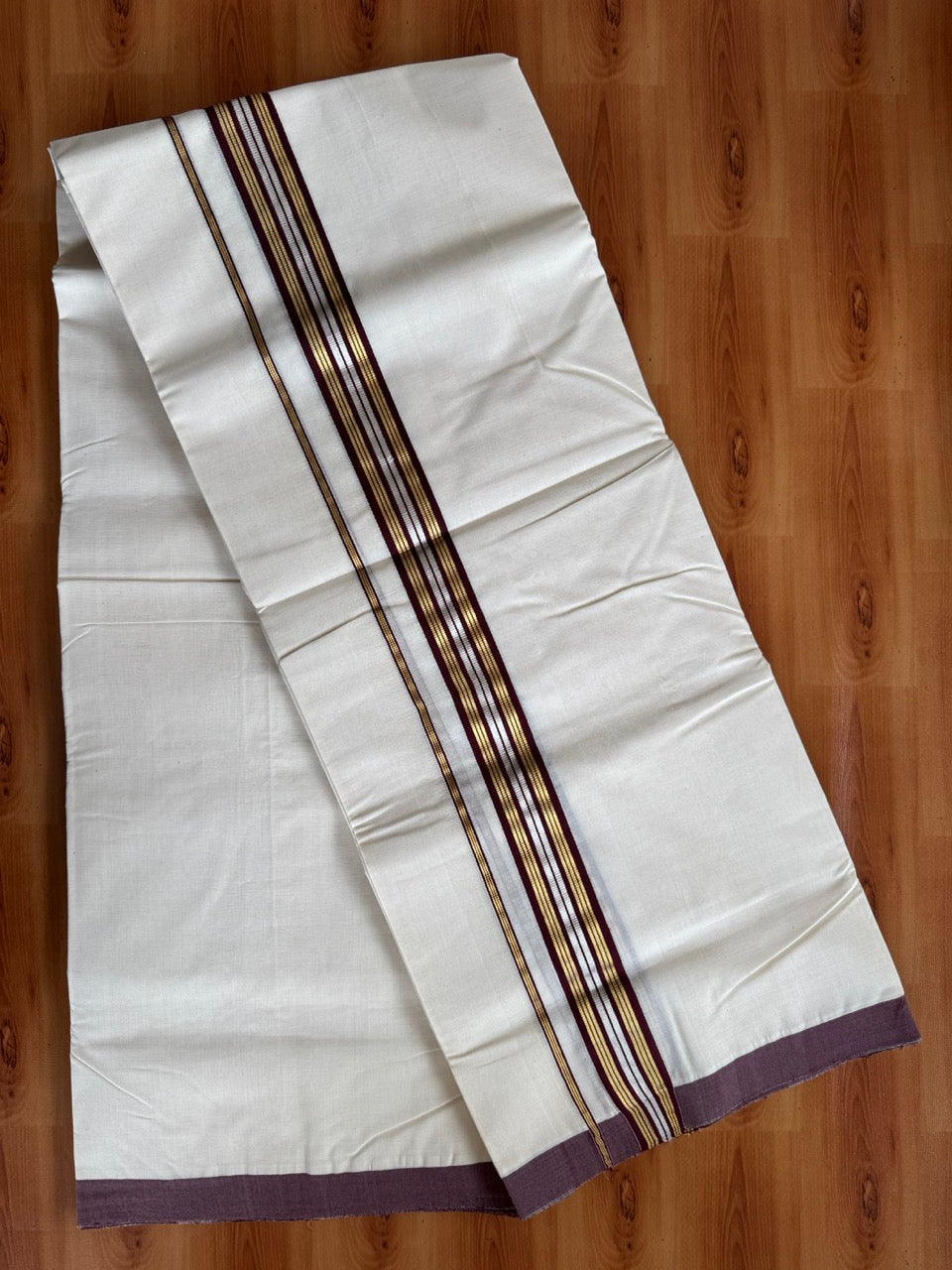 Double Off White (Unbleached) Mundu/Dhoti  25% Discount!! KaithariKada Handloom Millpaav - Kerala Handloom - 100% Pure Cotton - 80x90 - 1.75 Inch Gold Silver Kasav & Dark Maroon Striped Kara 4 mtr (8.5 Muzham) - 14 KK5508 RAM