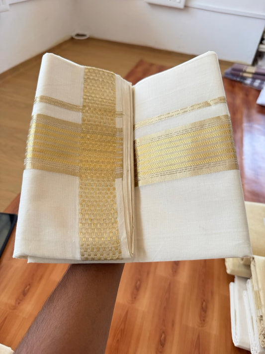 25% Discount ! KaithariKada Handloom Unakkupaav Kerala Handloom - 100% Pure Cotton Off White (Unbleached) Double Mundu/Dhoti - 100x80 - 2.5 Inch Light Gold Kasav Striped Jacquard Design Kara 4 mtr (8.5 muzham) - 25 KK5384 ABH