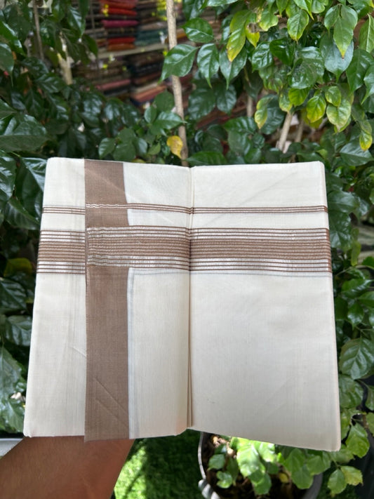 20% DISCOUNT! KaithariKada Balaramapuram Double OFF WHITE Mundu/Dhoti - 80x80 - 1.5 Inch Silver Kasav & Brown striped Kara - 10 KK5285 VAS