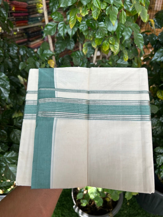 20% DISCOUNT! KaithariKada Balaramapuram Double OFF WHITE Mundu/Dhoti - 80x80 - 1.5 Inch Silver Kasav & Teal Green striped Kara - 8 KK5285 VAS