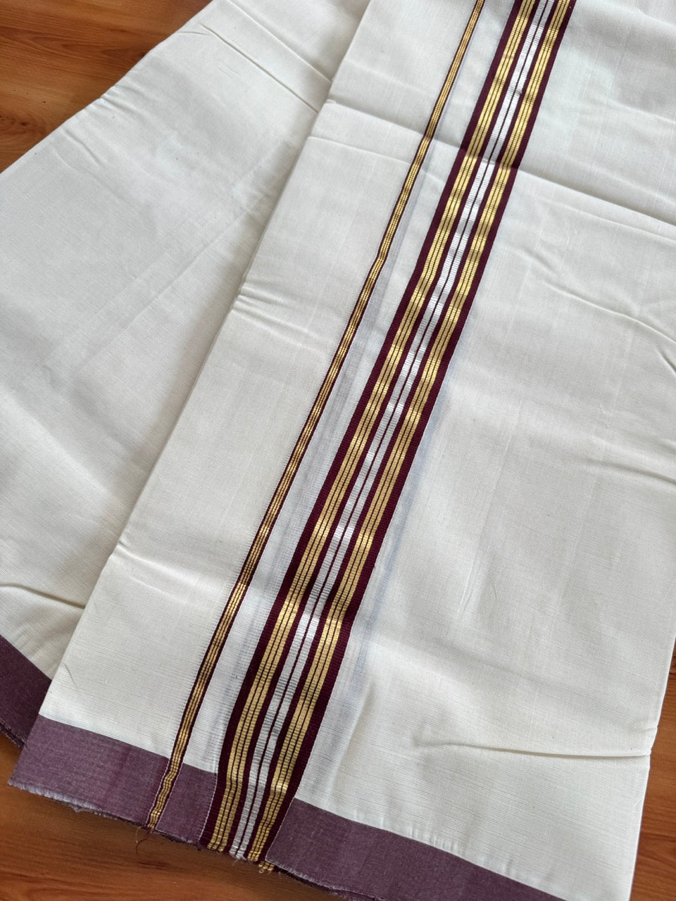 Double Off White (Unbleached) Mundu/Dhoti  25% Discount!! KaithariKada Handloom Millpaav - Kerala Handloom - 100% Pure Cotton - 80x90 - 1.75 Inch Gold Silver Kasav & Dark Maroon Striped Kara 4 mtr (8.5 Muzham) - 14 KK5508 RAM