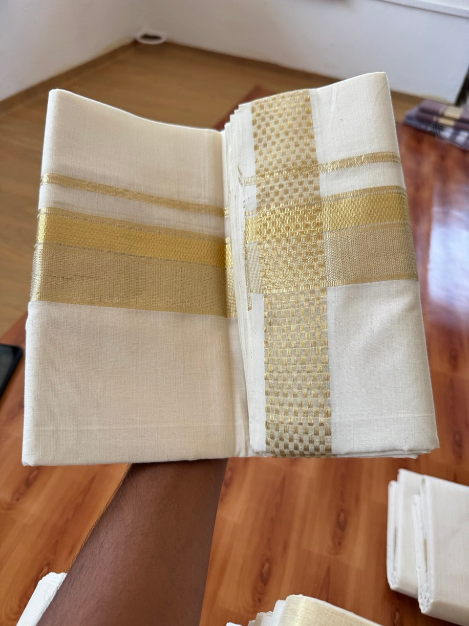 25% Discount ! KaithariKada Handloom Unakkupaav Kerala Handloom - 100% Pure Cotton Off White (Unbleached) Double Mundu/Dhoti - 100x80 - 2.5 Inch Light Gold Kasav Striped Design Kara 4 mtr (8.5 muzham) - 23 KK5384 ABH