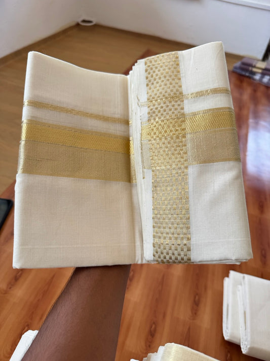 25% Discount ! KaithariKada Handloom Unakkupaav Kerala Handloom - 100% Pure Cotton Off White (Unbleached) Double Mundu/Dhoti - 100x80 - 2.5 Inch Light Gold Kasav Striped Design Kara 4 mtr (8.5 muzham) - 23 KK5384 ABH