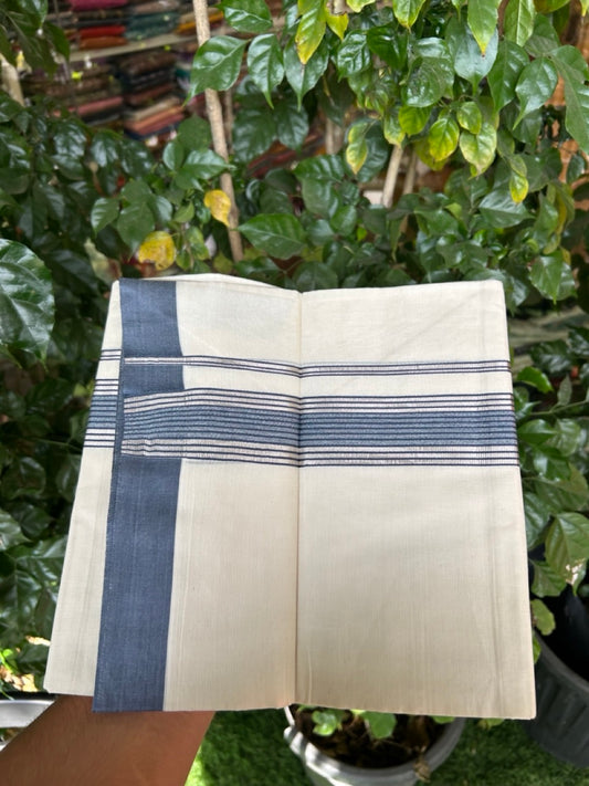 20% DISCOUNT! KaithariKada Balaramapuram Double OFF WHITE Mundu/Dhoti - 80x80 - 1.5 Inch Silver Kasav & Ash Blue striped Kara - 7 KK5285 VAS