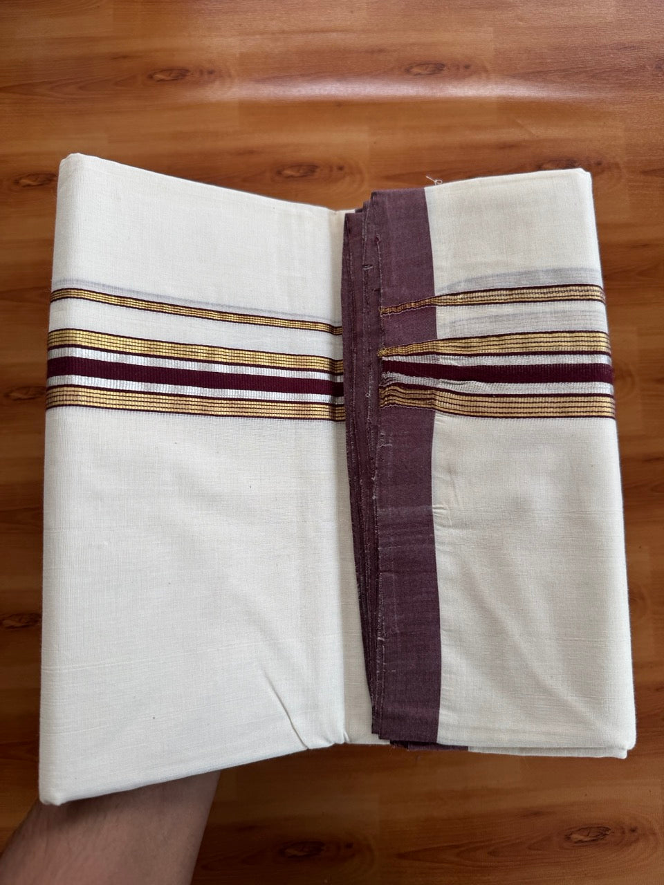 Double Off White (Unbleached) Mundu/Dhoti  25% Discount!! KaithariKada Handloom Millpaav - Kerala Handloom - 100% Pure Cotton - 80x90 - 1.75 Inch Gold Silver Kasav & Dark Maroon Striped Kara 4 mtr (8.5 Muzham) - 13 KK5508 RAM