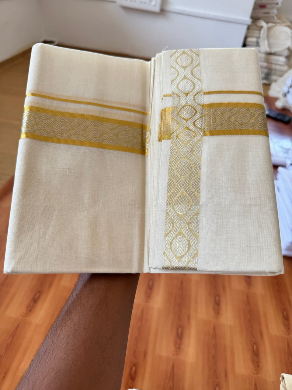 25% Discount ! KaithariKada Handloom Unakkupaav Kerala Handloom - 100% Pure Cotton Off White (Unbleached) Double Mundu/Dhoti - 100x80 - 1.5 Inch Gold & Silver kasav Jacquard Design Kara 4 mtr (8.5 muzham) - 19 KK5384 ABH