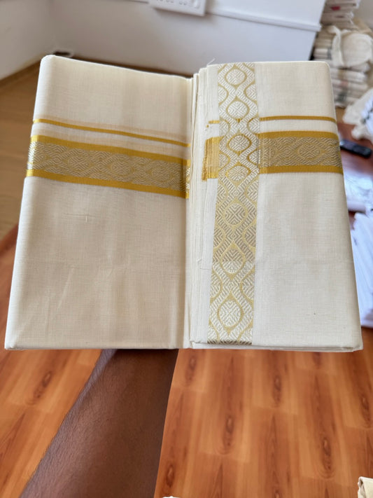 25% Discount ! KaithariKada Handloom Unakkupaav Kerala Handloom - 100% Pure Cotton Off White (Unbleached) Double Mundu/Dhoti - 100x80 - 1.5 Inch Gold & Silver kasav Jacquard Design Kara 4 mtr (8.5 muzham) - 19 KK5384 ABH