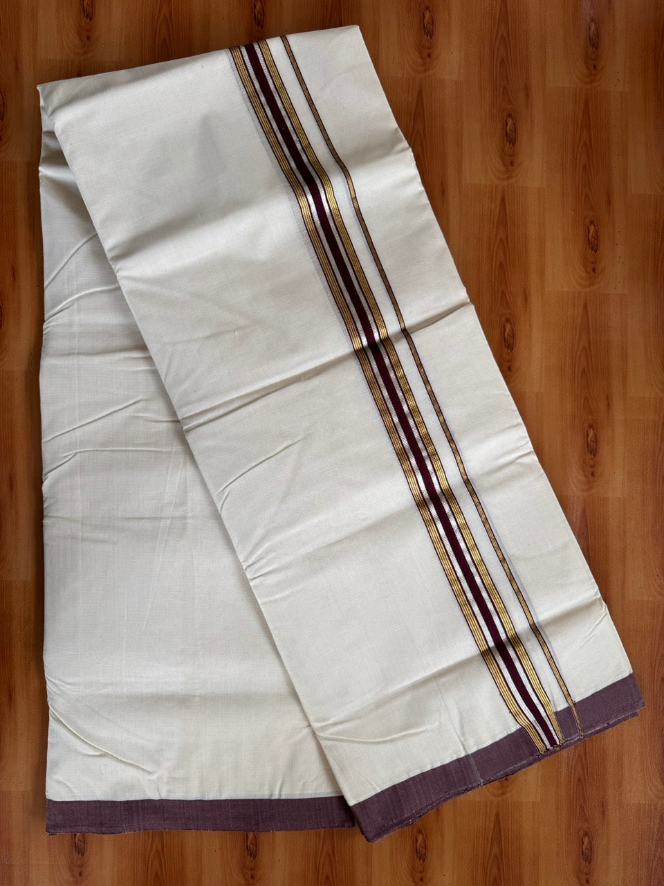 Double Off White (Unbleached) Mundu/Dhoti  25% Discount!! KaithariKada Handloom Millpaav - Kerala Handloom - 100% Pure Cotton - 80x90 - 1.75 Inch Gold Silver Kasav & Dark Maroon Striped Kara 4 mtr (8.5 Muzham) - 13 KK5508 RAM